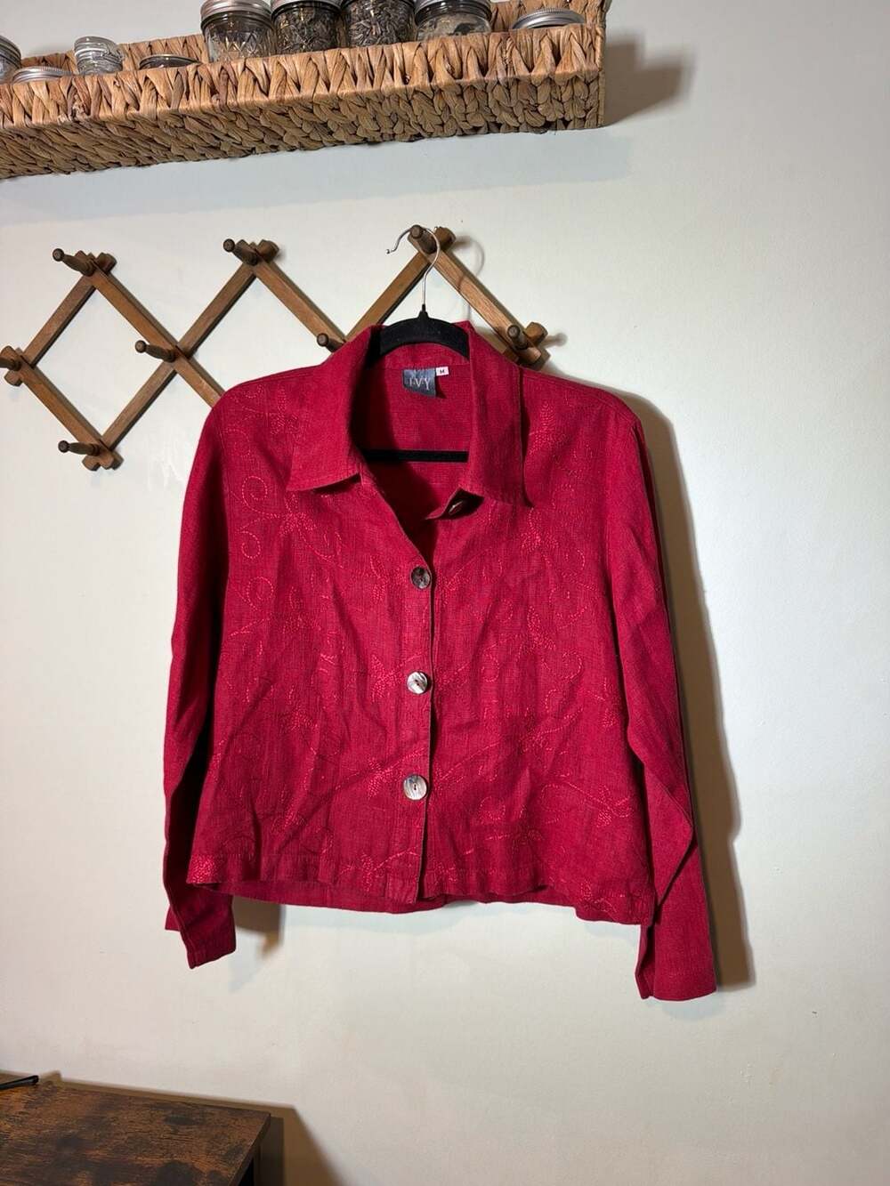 IVY Red 100% Linen Floral Embroidered Button Down Jacket Size Medium